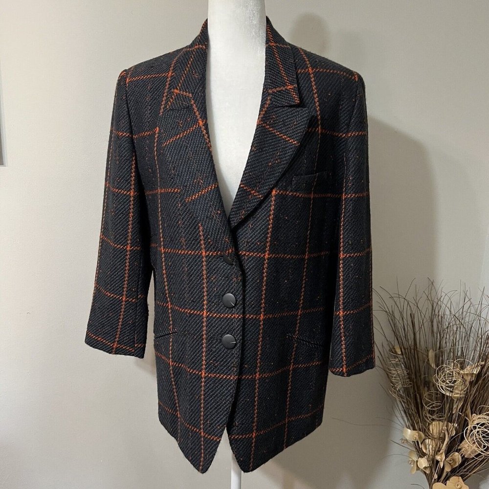 Vintage Michii Moon For Sanyo 100% Pure Wool Women’s Plaid Blazer Jacket Sz 8